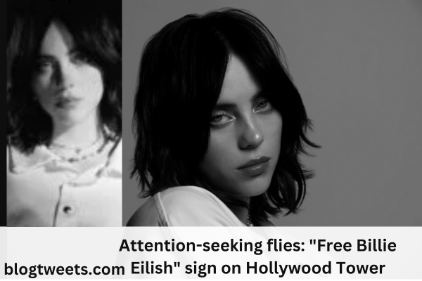 Attention-seeking flies: “Free Billie Eilish” sign on Hollywood Tower